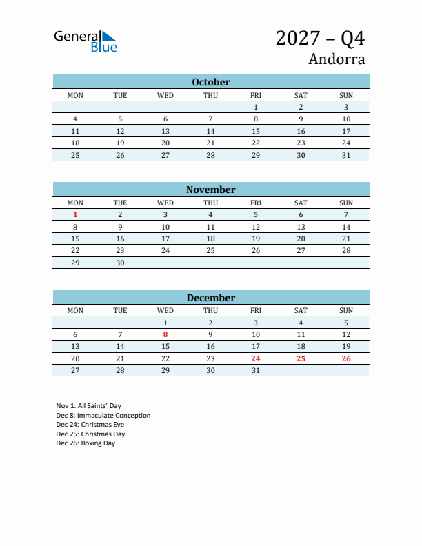 Three-Month Planner for Q4 2027 with Holidays - Andorra