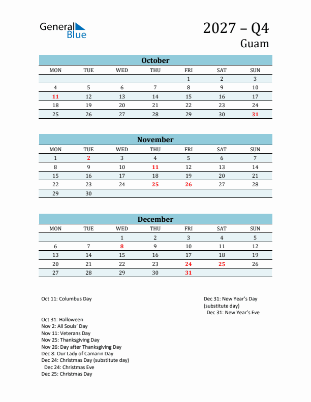 Three-Month Planner for Q4 2027 with Holidays - Guam
