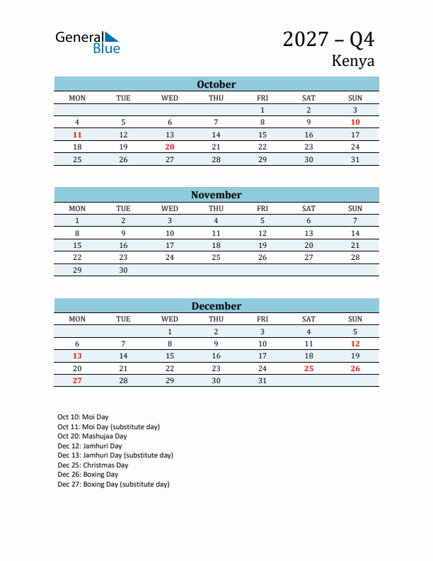 Three-Month Planner for Q4 2027 with Holidays - Kenya