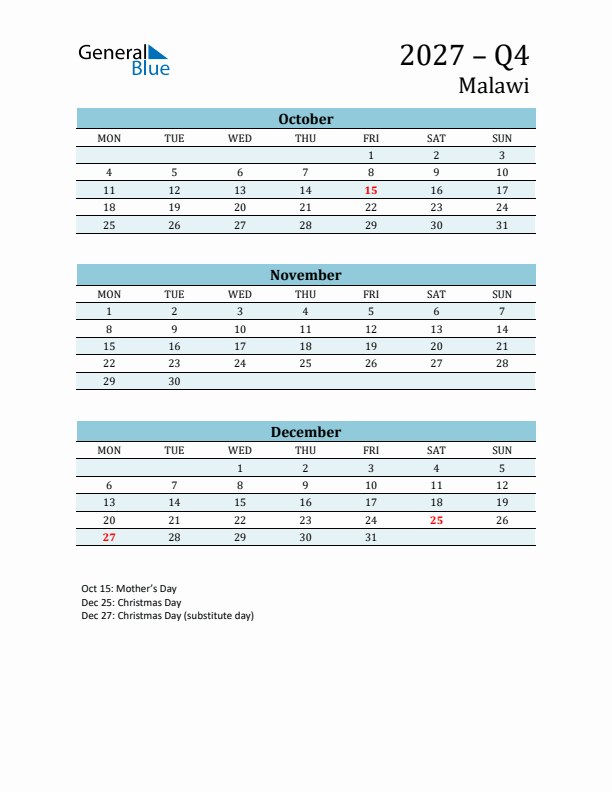Three-Month Planner for Q4 2027 with Holidays - Malawi
