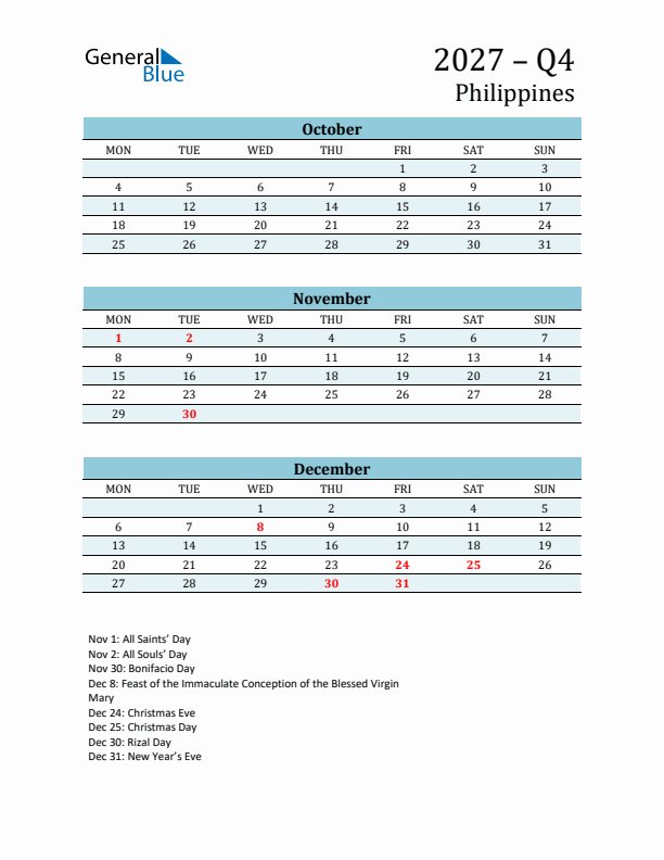 Three-Month Planner for Q4 2027 with Holidays - Philippines