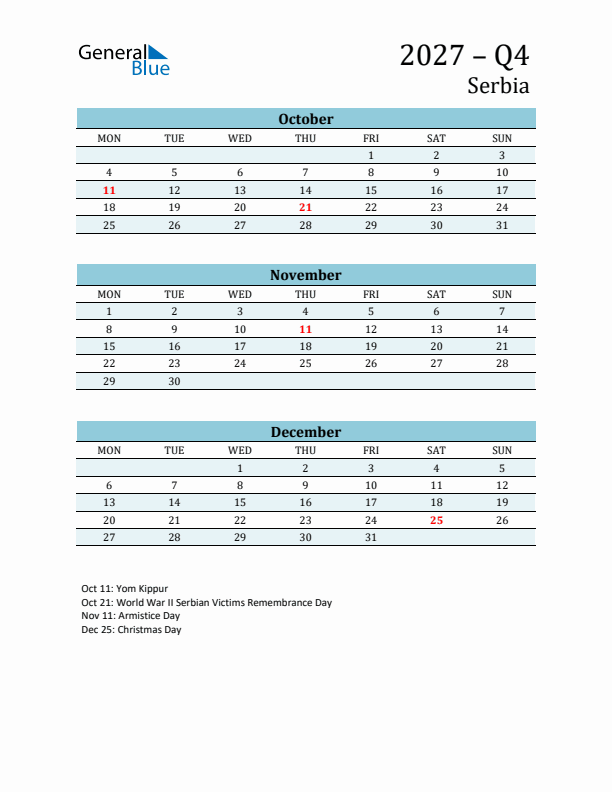 Three-Month Planner for Q4 2027 with Holidays - Serbia