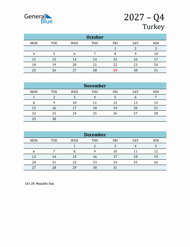 Three-Month Planner for Q4 2027 with Holidays - Turkey