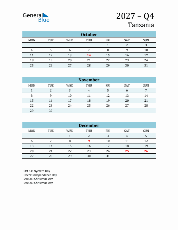 Three-Month Planner for Q4 2027 with Holidays - Tanzania
