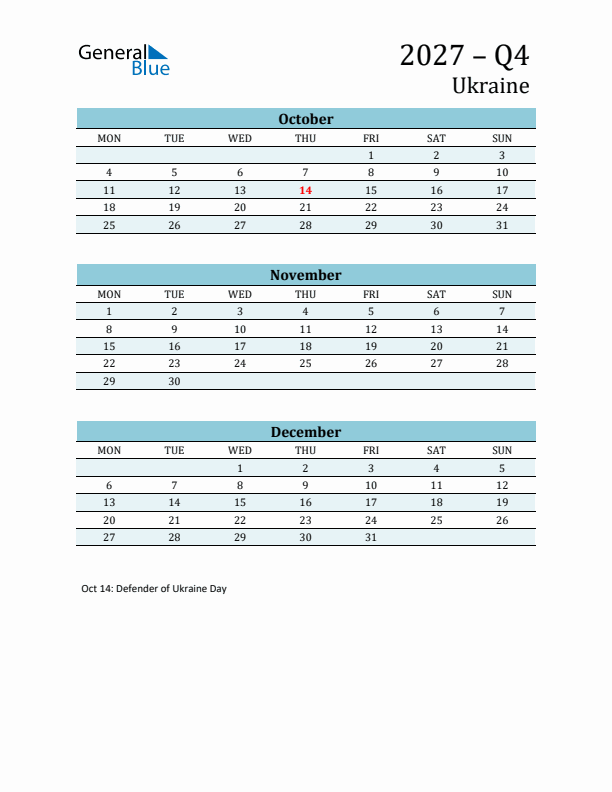 Three-Month Planner for Q4 2027 with Holidays - Ukraine