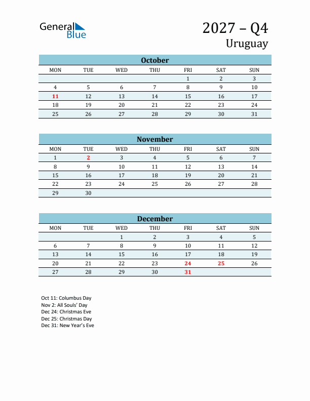 Three-Month Planner for Q4 2027 with Holidays - Uruguay