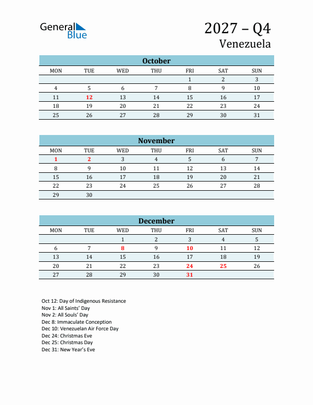 Three-Month Planner for Q4 2027 with Holidays - Venezuela