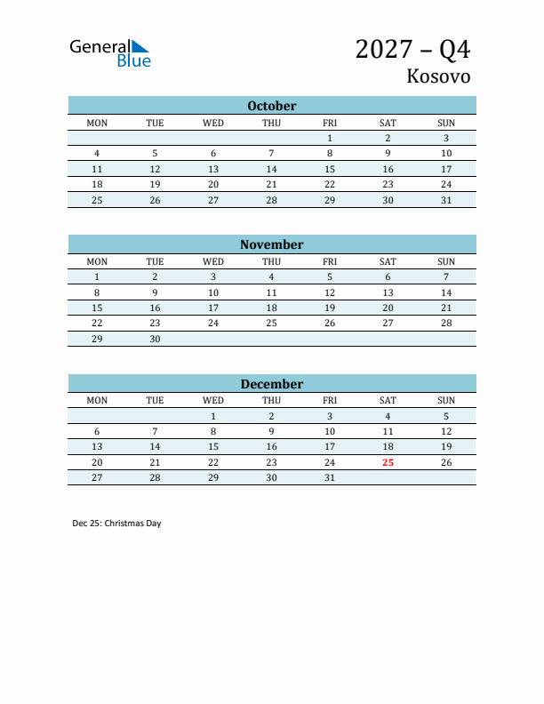 Three-Month Planner for Q4 2027 with Holidays - Kosovo
