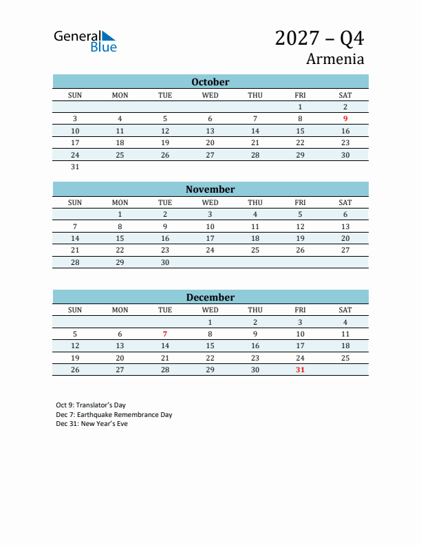 Three-Month Planner for Q4 2027 with Holidays - Armenia