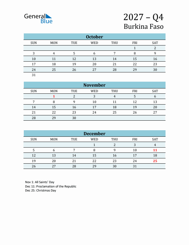 Three-Month Planner for Q4 2027 with Holidays - Burkina Faso