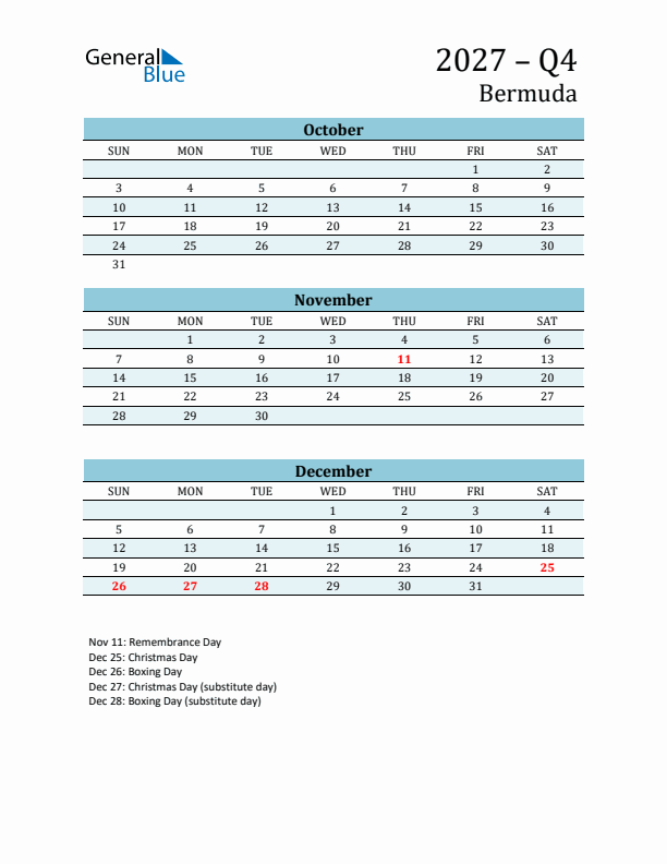 Three-Month Planner for Q4 2027 with Holidays - Bermuda