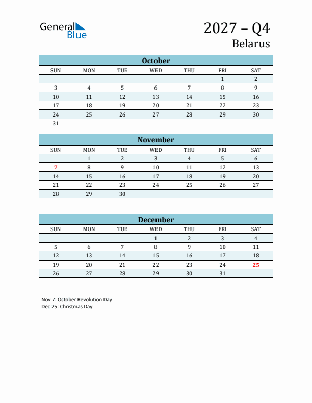 Three-Month Planner for Q4 2027 with Holidays - Belarus