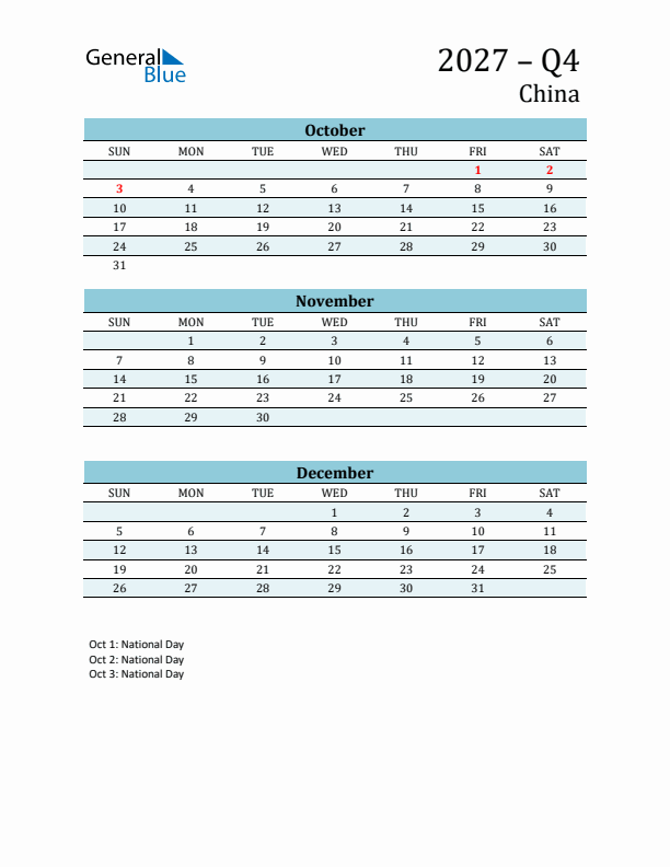 Three-Month Planner for Q4 2027 with Holidays - China