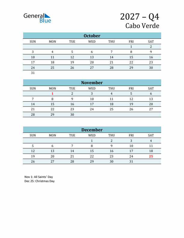 Three-Month Planner for Q4 2027 with Holidays - Cabo Verde