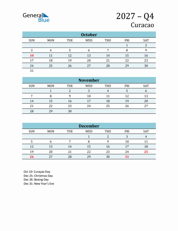 Three-Month Planner for Q4 2027 with Holidays - Curacao