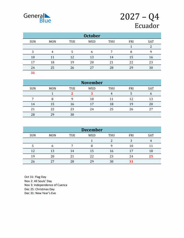 Three-Month Planner for Q4 2027 with Holidays - Ecuador