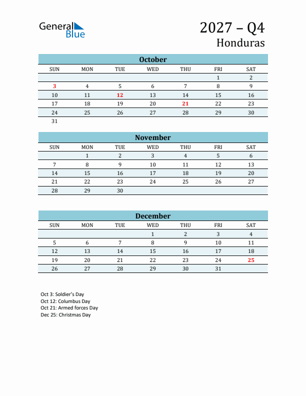 Three-Month Planner for Q4 2027 with Holidays - Honduras