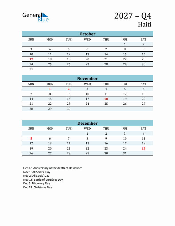 Three-Month Planner for Q4 2027 with Holidays - Haiti