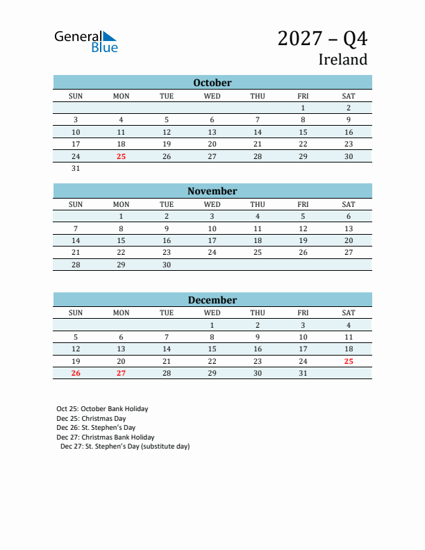 Three-Month Planner for Q4 2027 with Holidays - Ireland