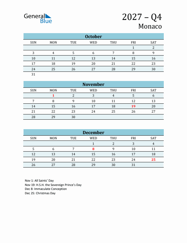Three-Month Planner for Q4 2027 with Holidays - Monaco