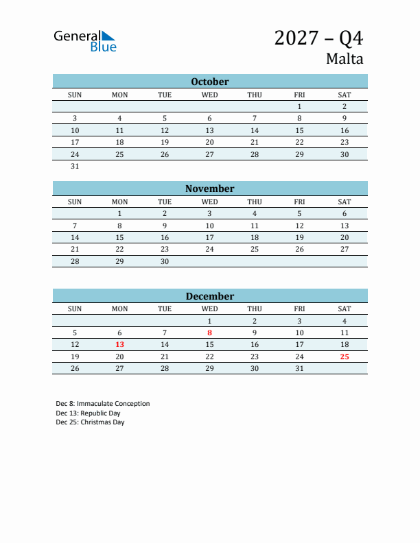 Three-Month Planner for Q4 2027 with Holidays - Malta