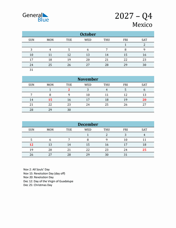 Three-Month Planner for Q4 2027 with Holidays - Mexico