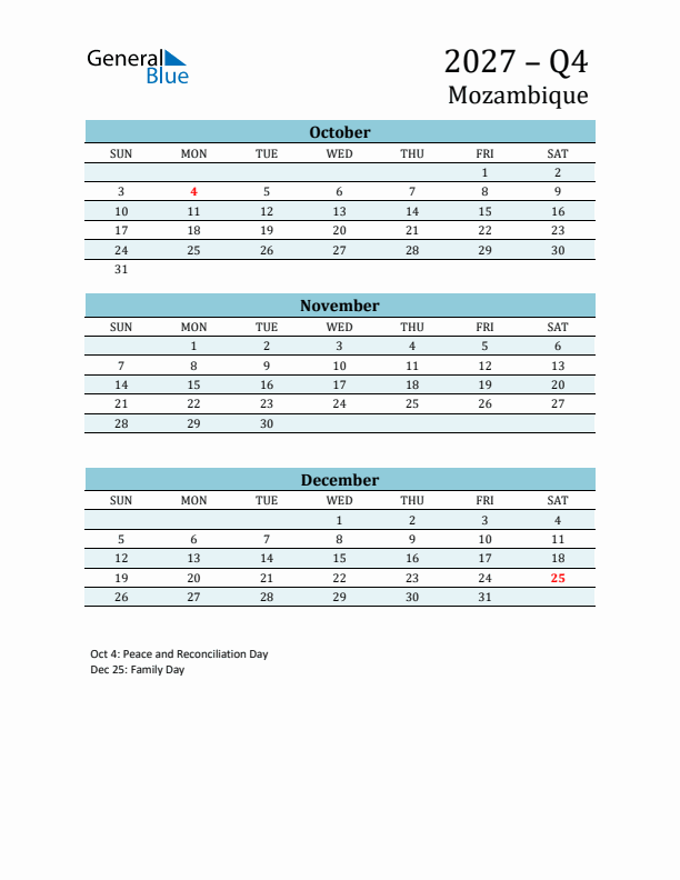 Three-Month Planner for Q4 2027 with Holidays - Mozambique
