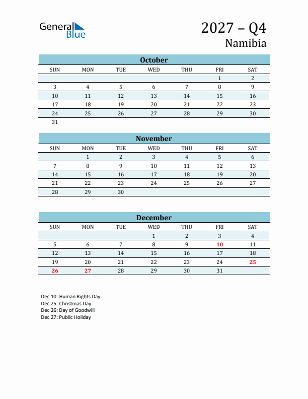 Three-Month Planner for Q4 2027 with Holidays - Namibia