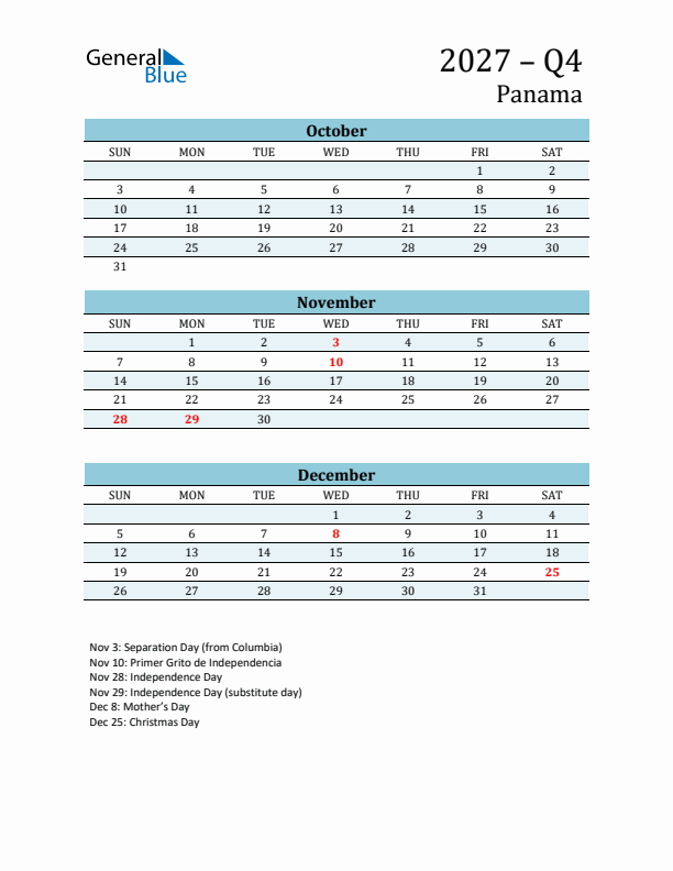 Three-Month Planner for Q4 2027 with Holidays - Panama