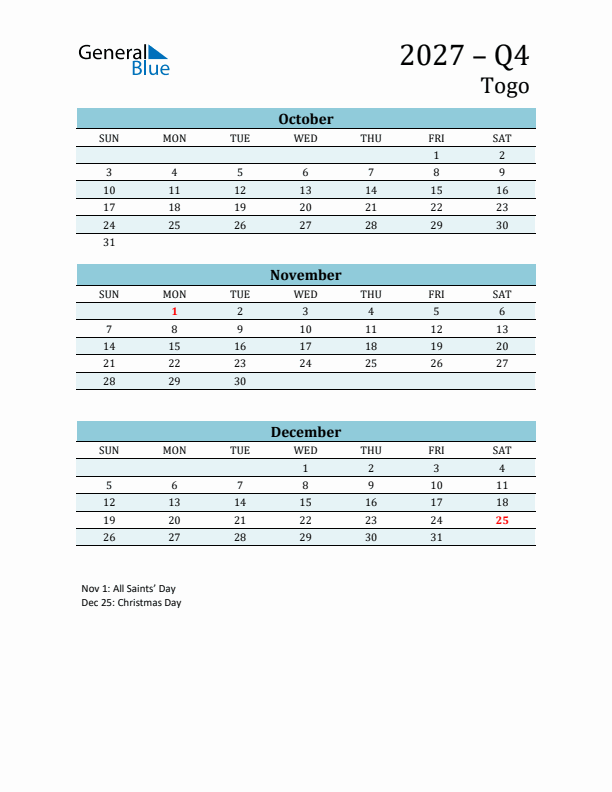 Three-Month Planner for Q4 2027 with Holidays - Togo