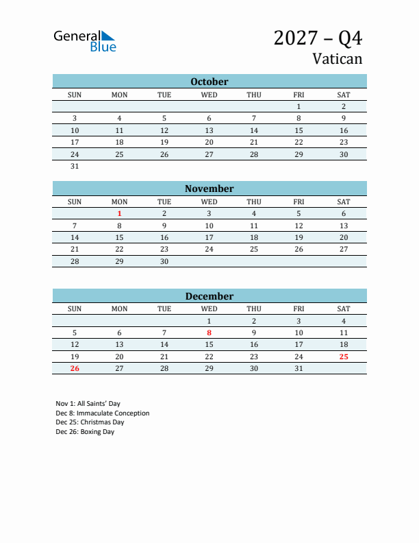 Three-Month Planner for Q4 2027 with Holidays - Vatican