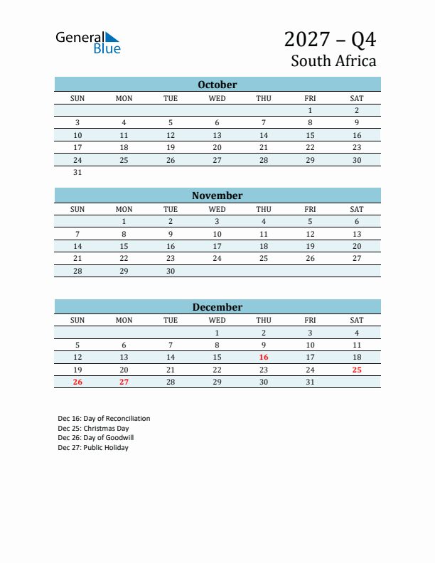 Three-Month Planner for Q4 2027 with Holidays - South Africa