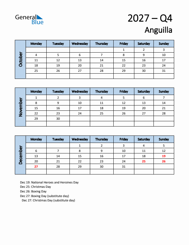 Free Q4 2027 Calendar for Anguilla - Monday Start