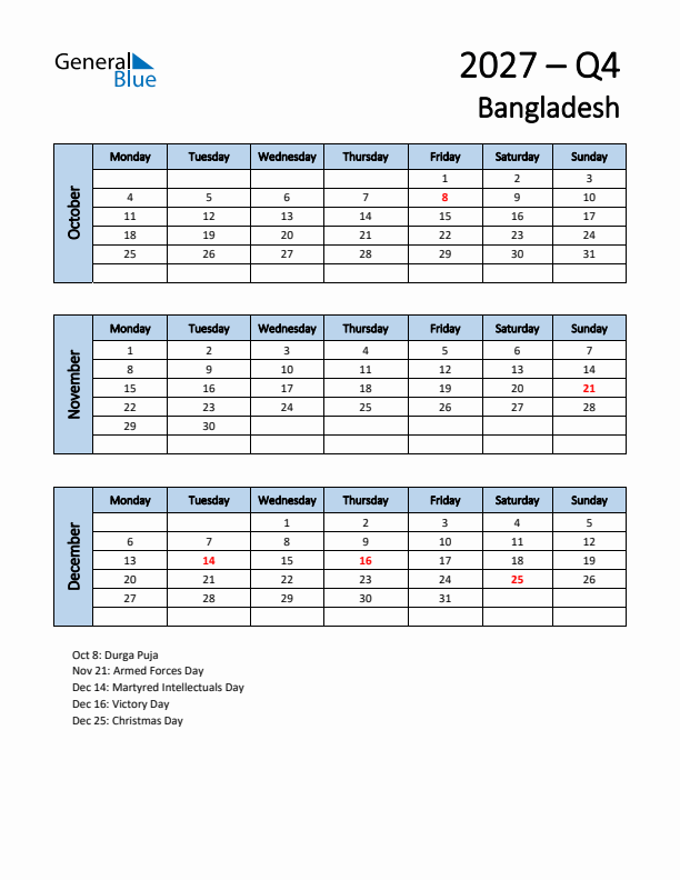 Free Q4 2027 Calendar for Bangladesh - Monday Start