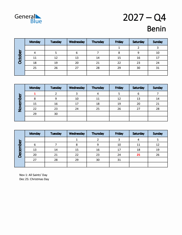 Free Q4 2027 Calendar for Benin - Monday Start