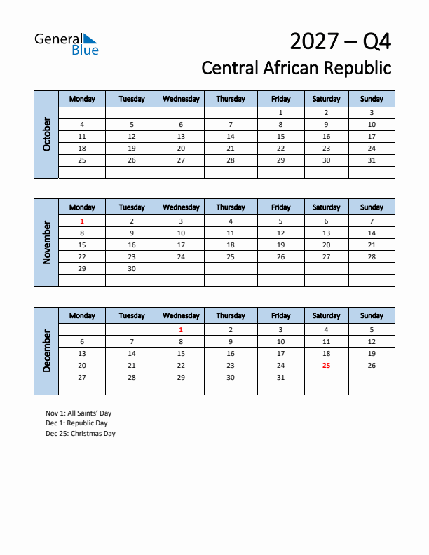 Free Q4 2027 Calendar for Central African Republic - Monday Start