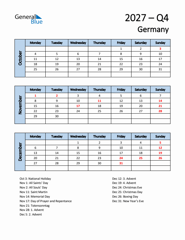 Free Q4 2027 Calendar for Germany - Monday Start