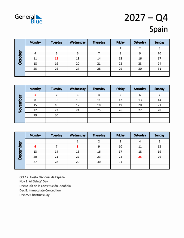 Free Q4 2027 Calendar for Spain - Monday Start