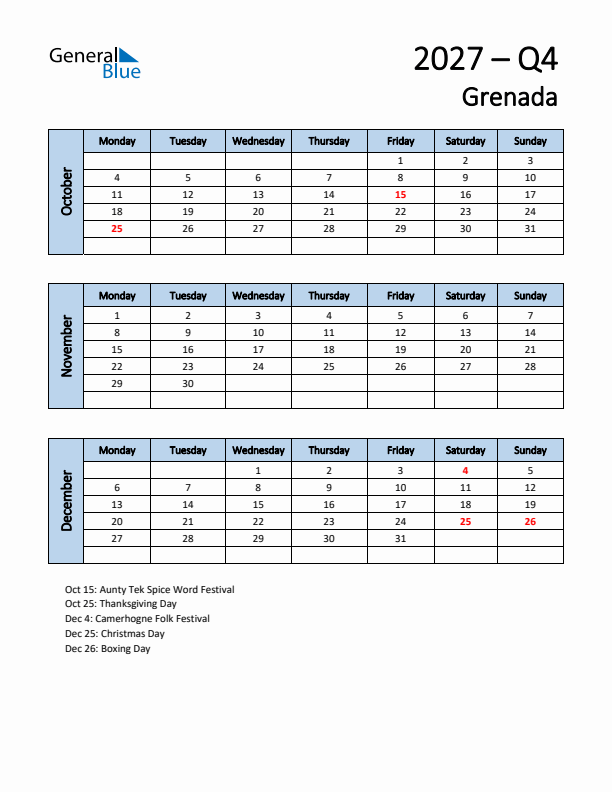 Free Q4 2027 Calendar for Grenada - Monday Start