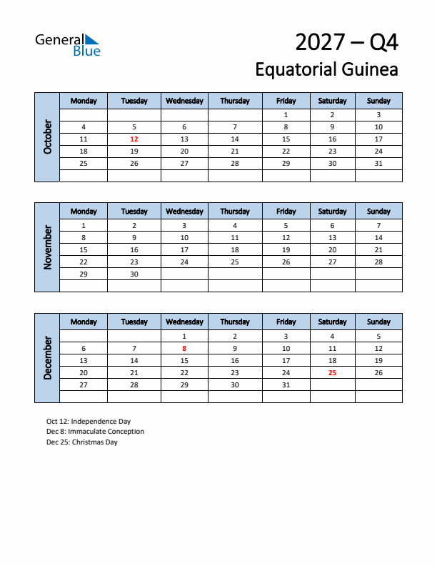 Free Q4 2027 Calendar for Equatorial Guinea - Monday Start