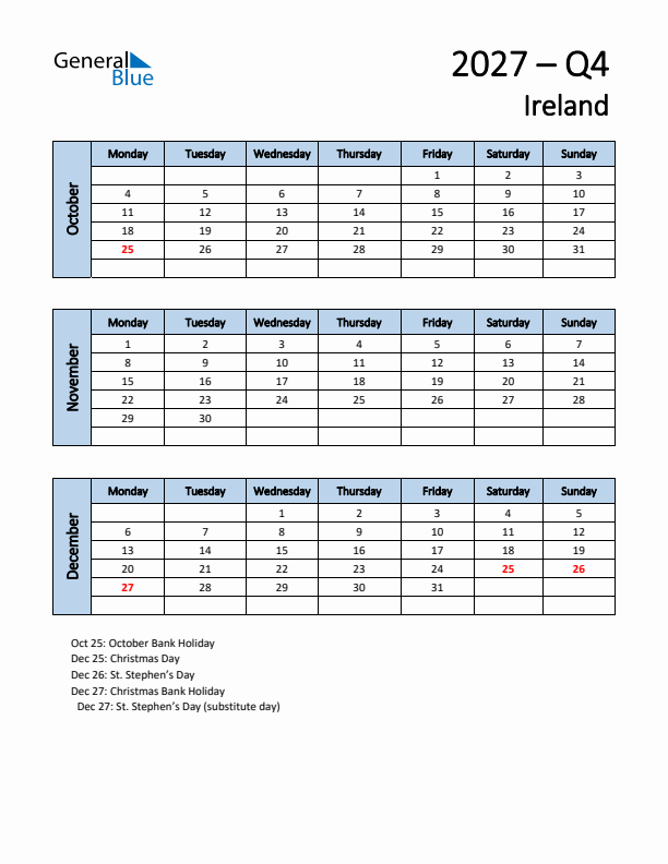 Free Q4 2027 Calendar for Ireland - Monday Start