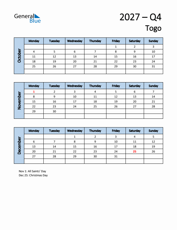 Free Q4 2027 Calendar for Togo - Monday Start