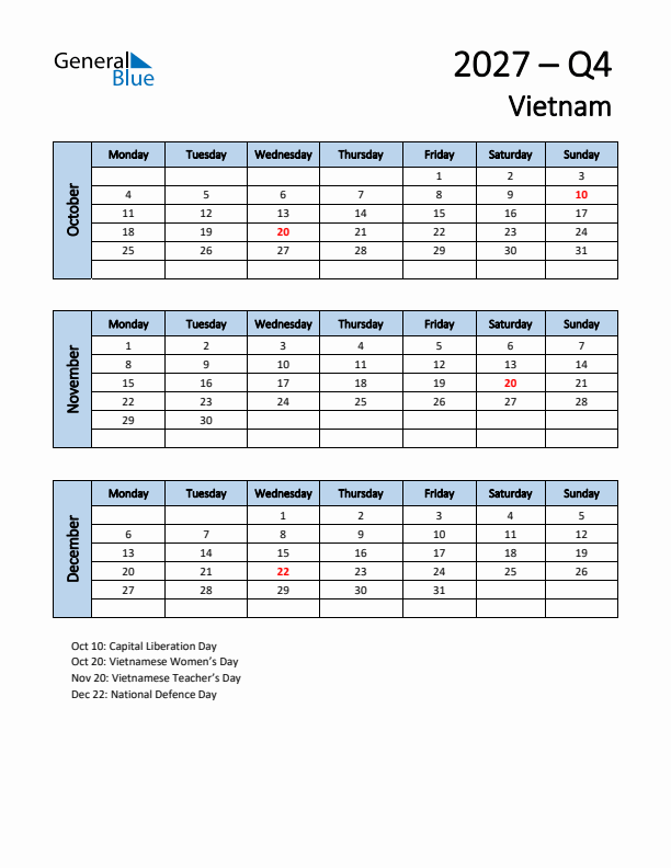 Free Q4 2027 Calendar for Vietnam - Monday Start