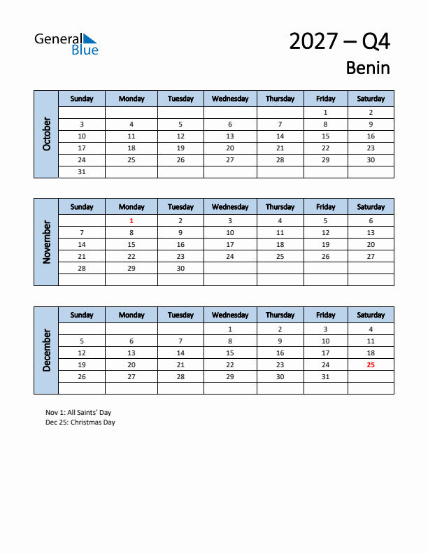 Free Q4 2027 Calendar for Benin - Sunday Start
