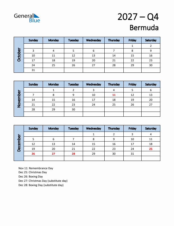 Free Q4 2027 Calendar for Bermuda - Sunday Start