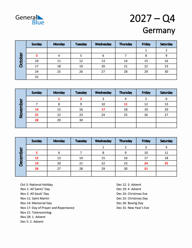 Free Q4 2027 Calendar for Germany - Sunday Start