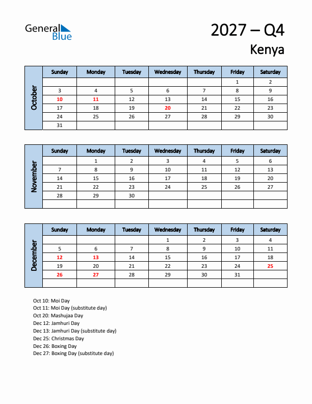 Free Q4 2027 Calendar for Kenya - Sunday Start
