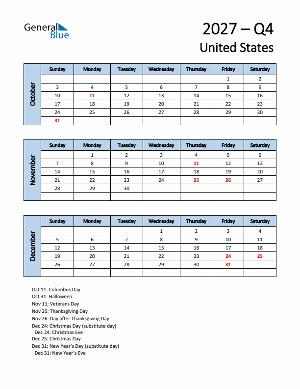 Free Q4 2027 Calendar for United States - Sunday Start