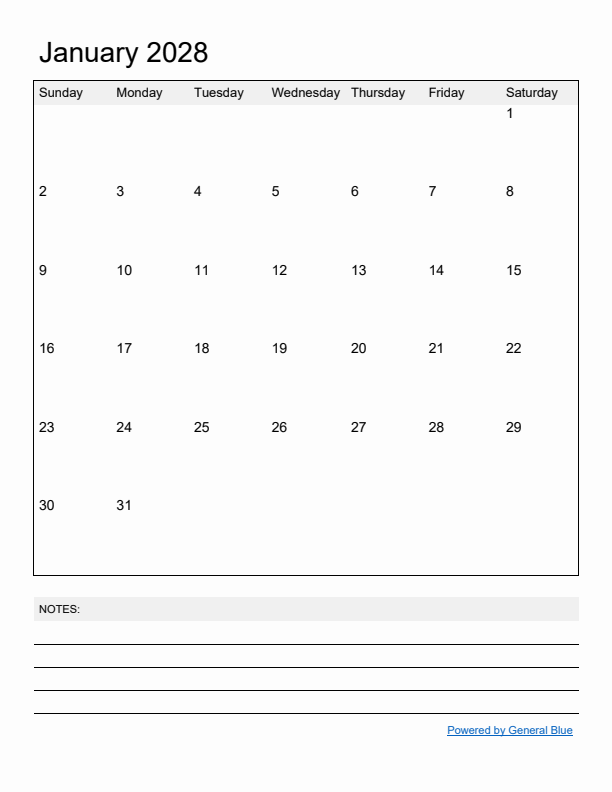January 2028 Monthly Calendar Pdf Word Excel