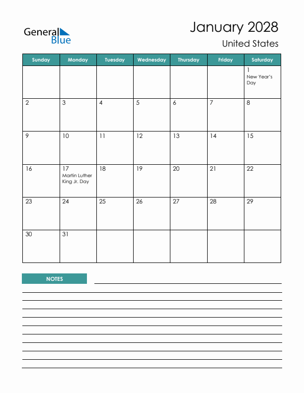January 2028 Monthly Calendar with United States Holidays